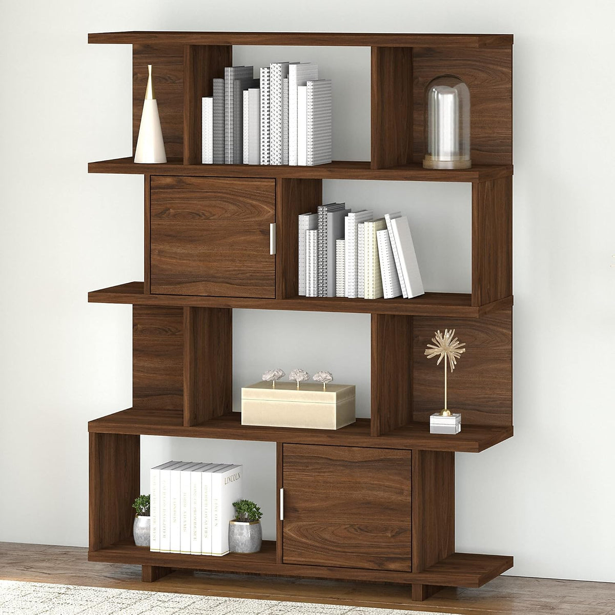 Modern Walnut Etagere Bookcase with Doors D218
