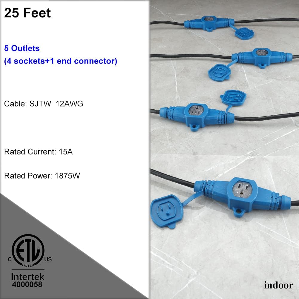 25 Feet Multi Outlet Extension Cord, 5 Outlets, 12 Gauge, Pack of 2 T540