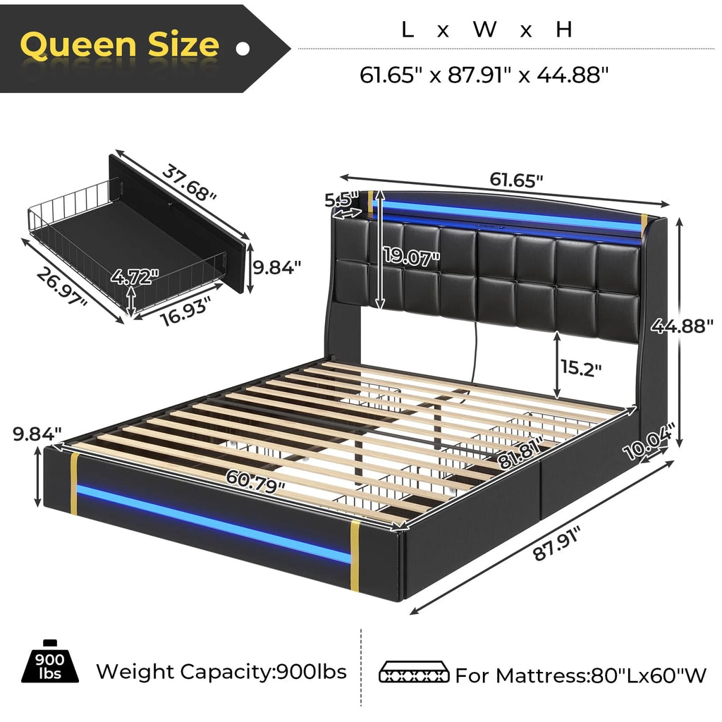 Queen Bed Frame with LED Lights and Charging Station, Upholstered Platform Bed Frame with Hidden Storage and 4 Drawers, Black C667