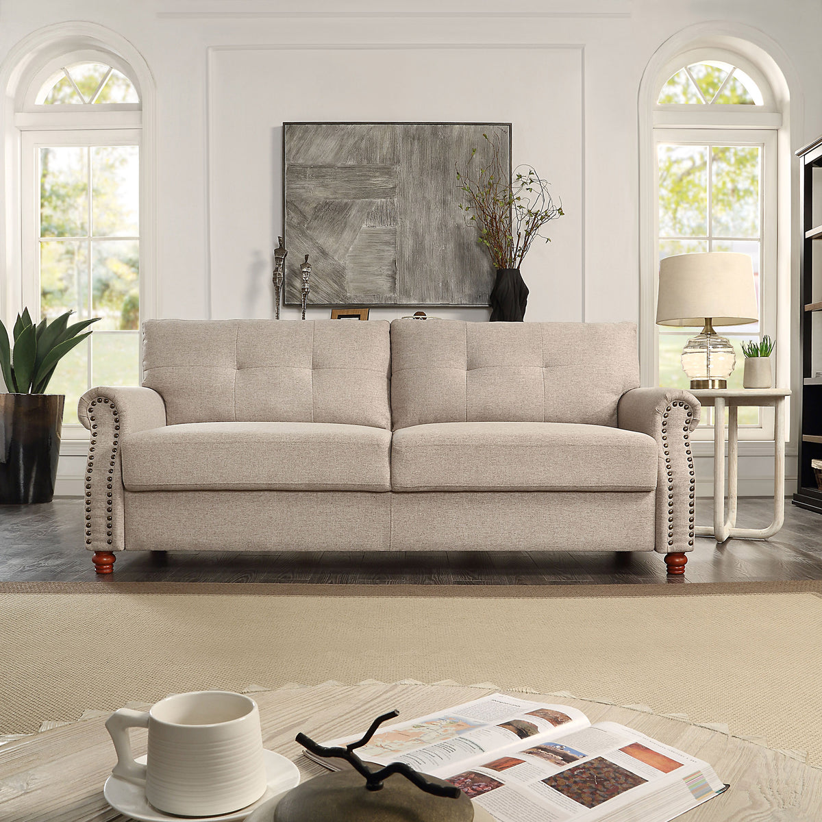 Beige Linen Fabric Upholstery Storage Sofa with Tufted Cushions V26763