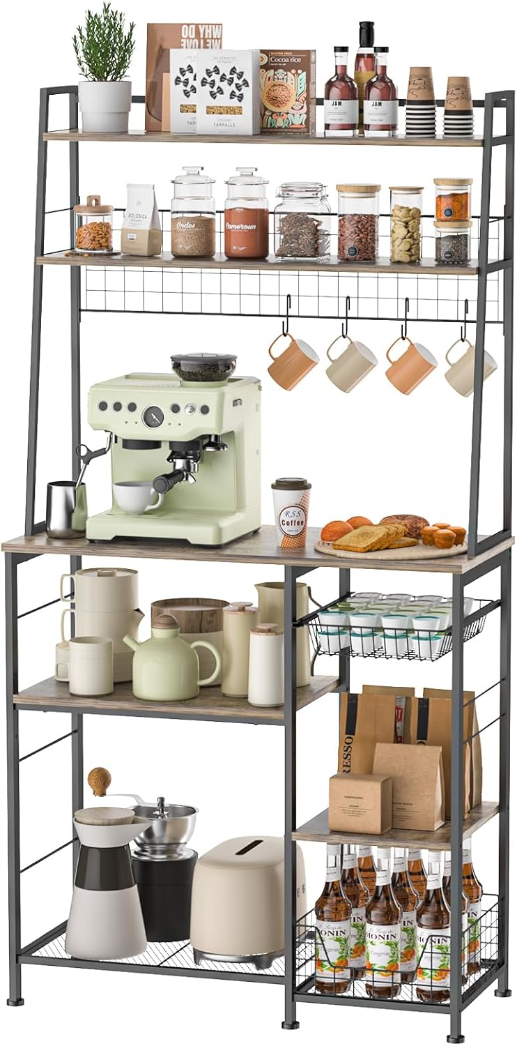 35.8" Large Farmhouse Coffee Station with 12 Hooks and Pull-Out Wire Basket, Coffee Bar Cart Table with Storage Shelves Rustic Brown L64643