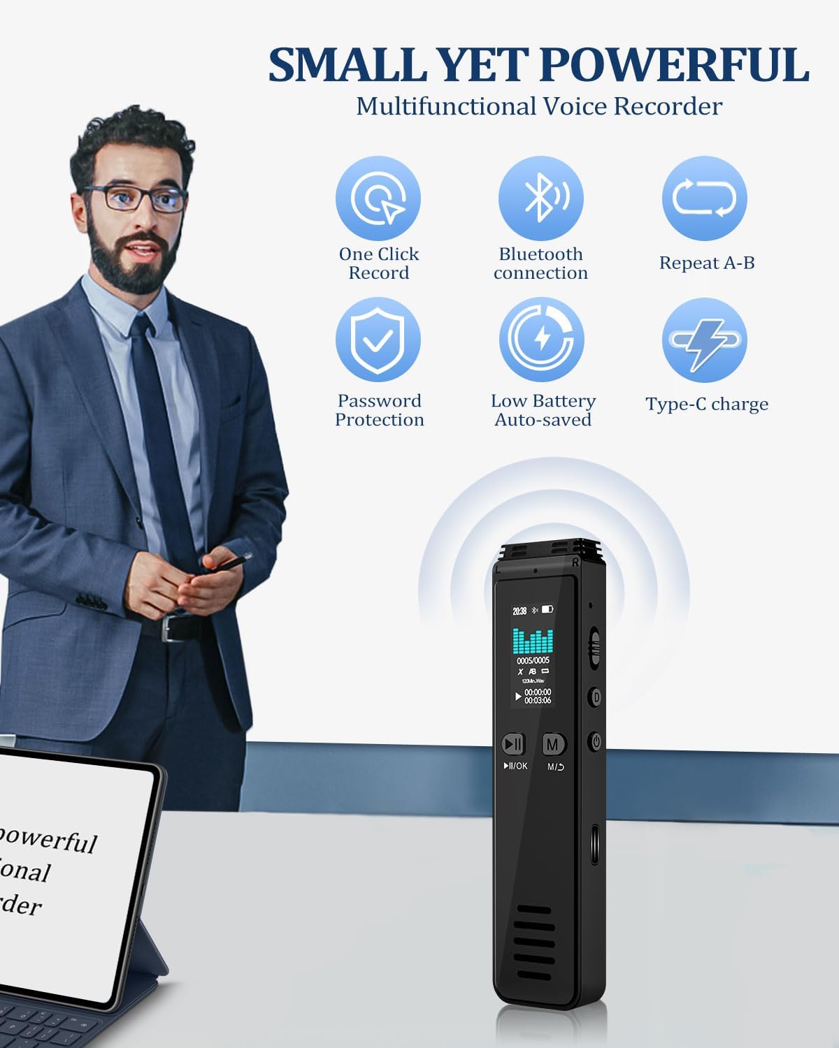 64GB Bluetooth Voice Activated Audio Recorder with MP3 Playback, Type-C Charge G8691