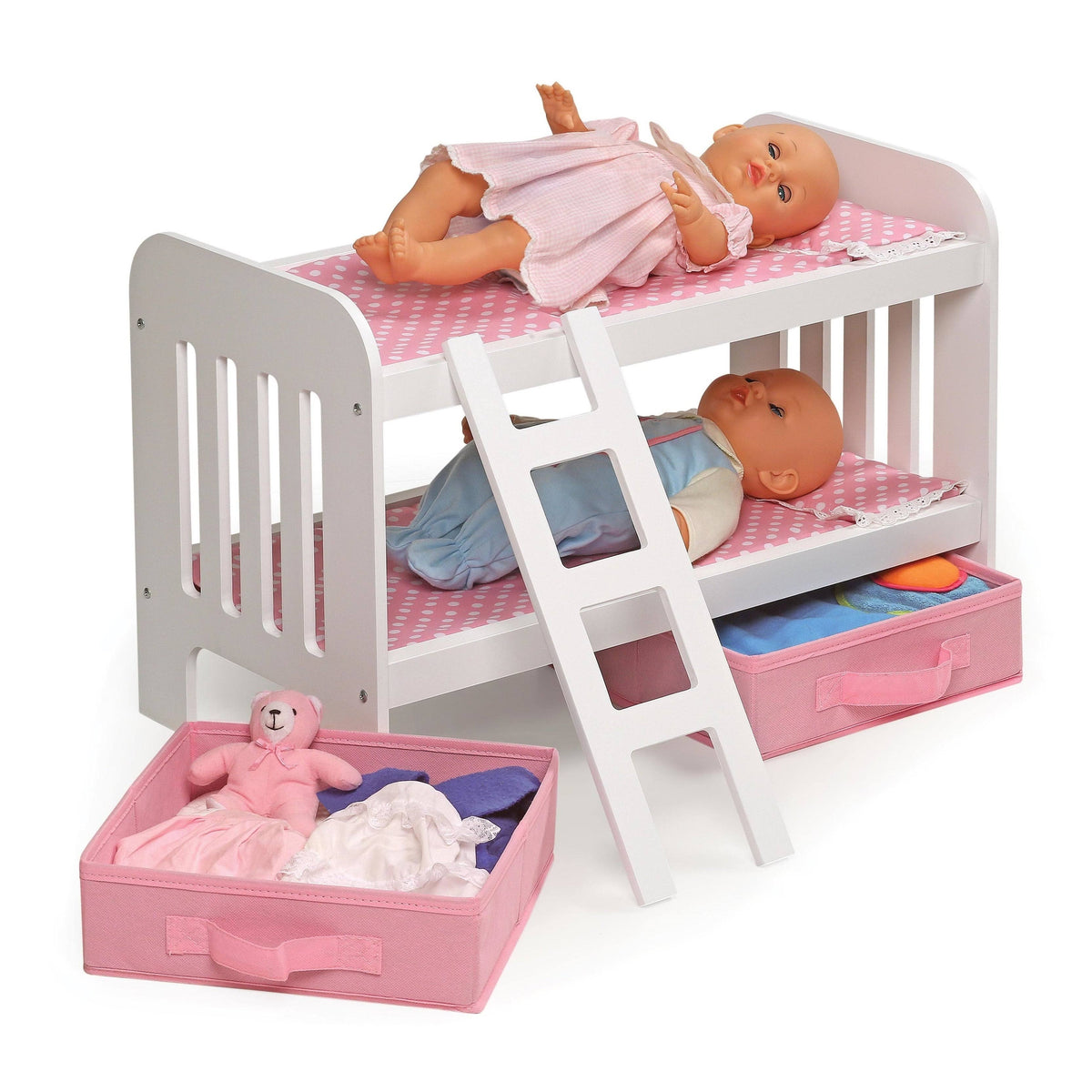 Doll Bunk Bed with Ladder and Two Storage Baskets - Pink W748
