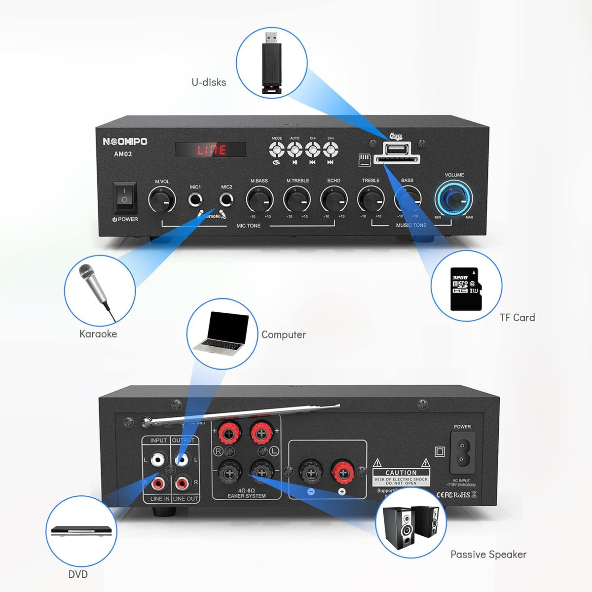 300Watts Bluetooth 5.0 Class AB Stereo Audio Receiver Amplifier 2 Channel Power Amp Pack of 2 G526