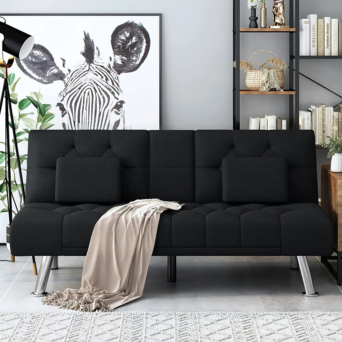Black Convertible Upholstered Sofa Bed with Cupholders I25048