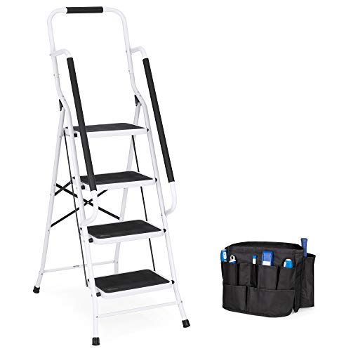 4-Step Folding Step Stool with Padded Hand Grips, Non Slip Rubber Feet, Attachable Tool Bag N302