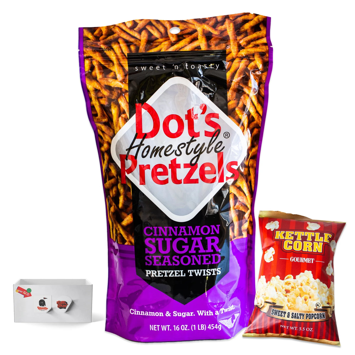 Cinnamon Sugar Pretzel Twists (16oz bag) - Sweet and Salty Butter Kettle Popcorn (5oz bag) - 2 Items Total C54180