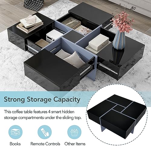 Black Square Coffee Table with 4 Hidden Storage Compartments and Extendable Sliding Tabletop B674400