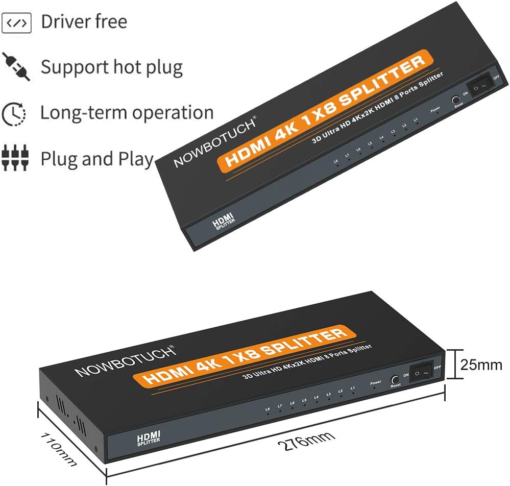 1x8 HDMI Splitter 8 Port 1 in 8 Out Powered Ver 1.4 Full HD 1080P 3D Support J93821