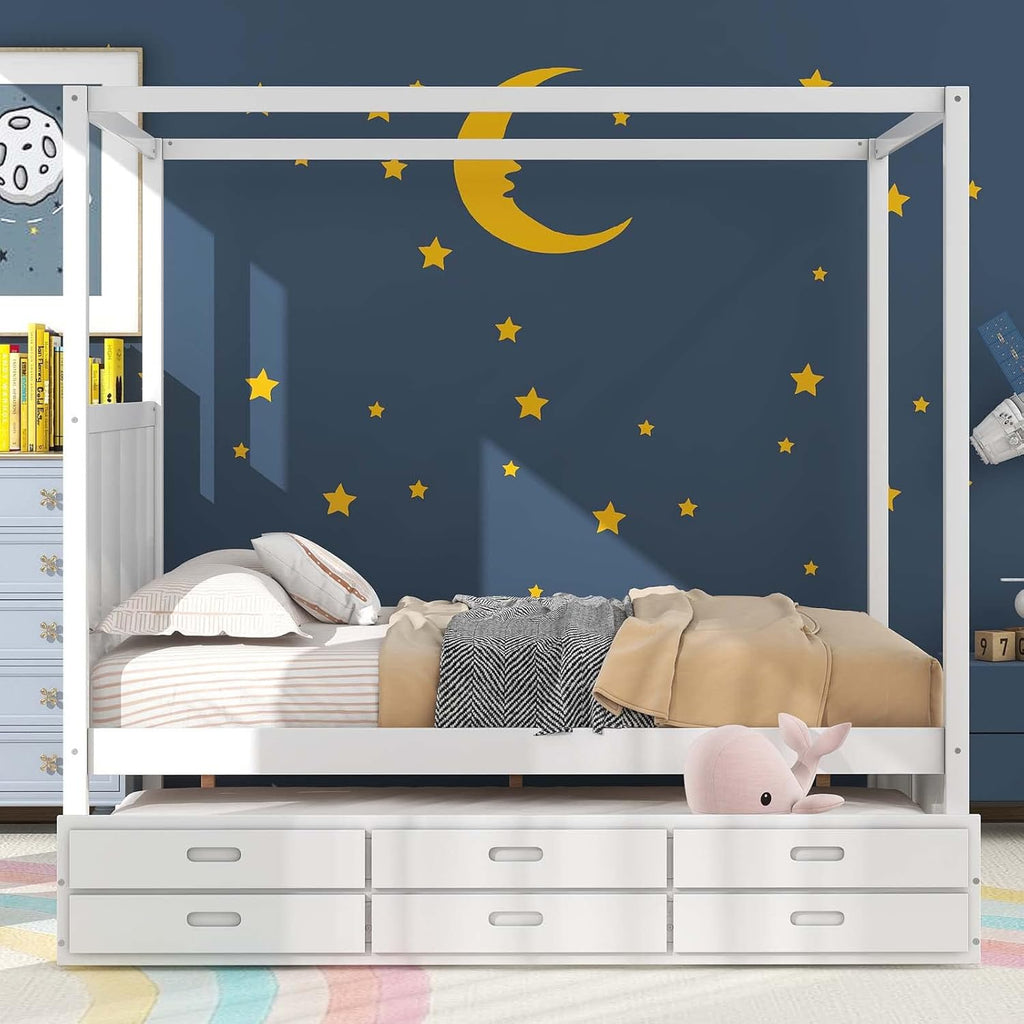 White Queen Size Wood Canopy Platform Bed with Twin Size Trundle Bed and 3 Storage Drawers C748