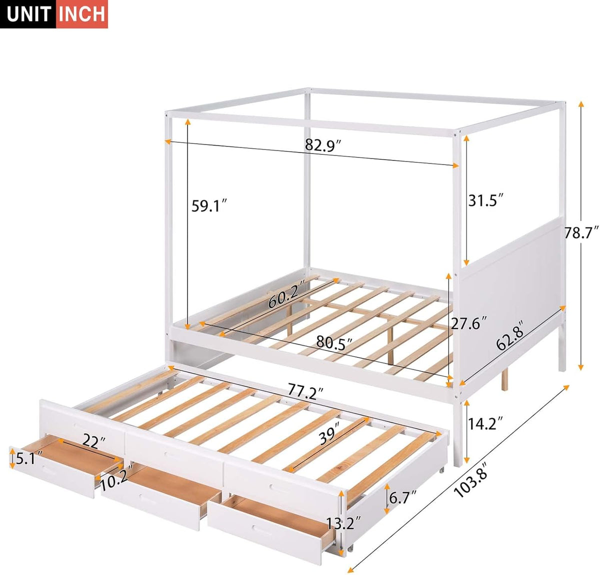 White Queen Size Wood Canopy Platform Bed with Twin Size Trundle Bed and 3 Storage Drawers C748