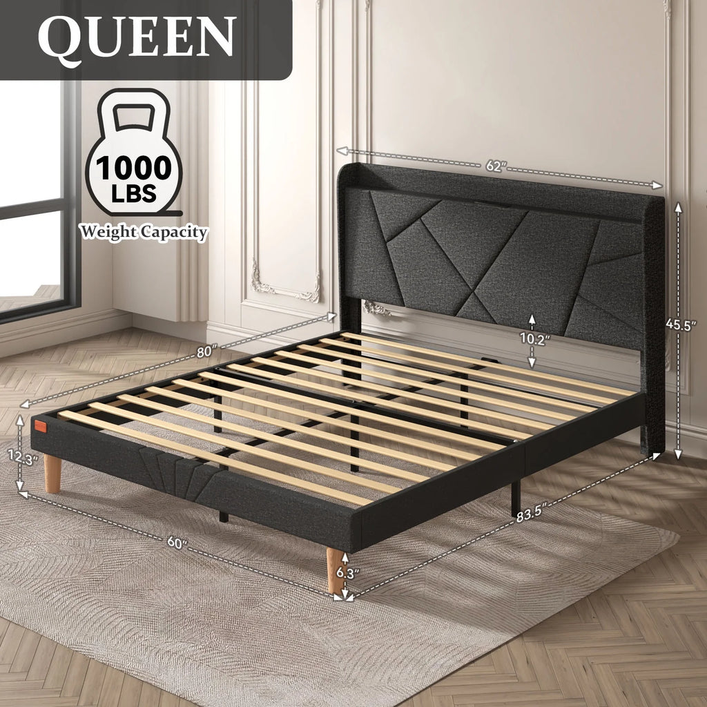 Queen Upholstered Platform Bed Frame with Wingback Storage Headboard M95821