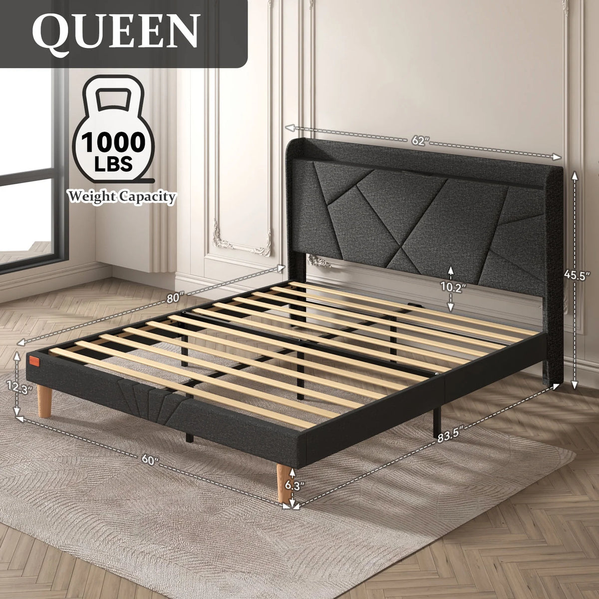 Queen Upholstered Platform Bed Frame with Wingback Storage Headboard M95821