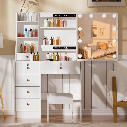 White Vanity Desk with Mirror, Lights, and Drawers with Cushioned Stool R293048