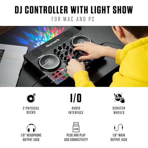 DJ Controller Bundle with Party Lights, 2 Decks, DJ Mixer, Audio Interface and DJ Headphones Q9070