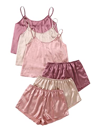 3 Sets Silk Satin Pajama Set Sleeveless V Neck Crop Cami Top and Shorts B9029