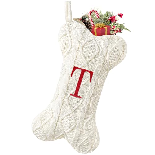 White Large Knit Dog Christmas Stocking with Initials O933124
