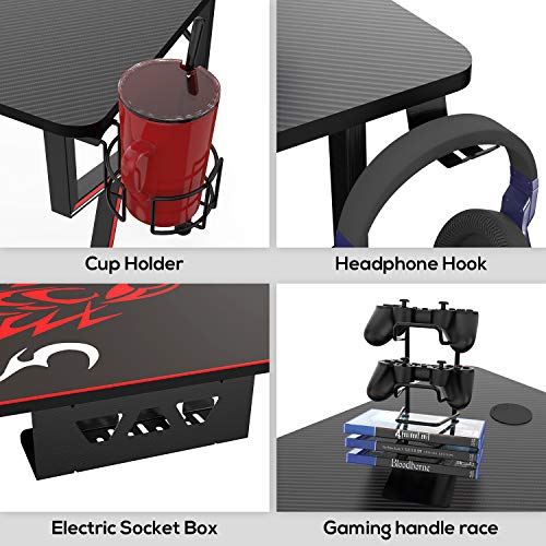 Black 47 Inch Gaming Desk with Mouse Pad Headset Hook Cup Holder Controller Stand R86074