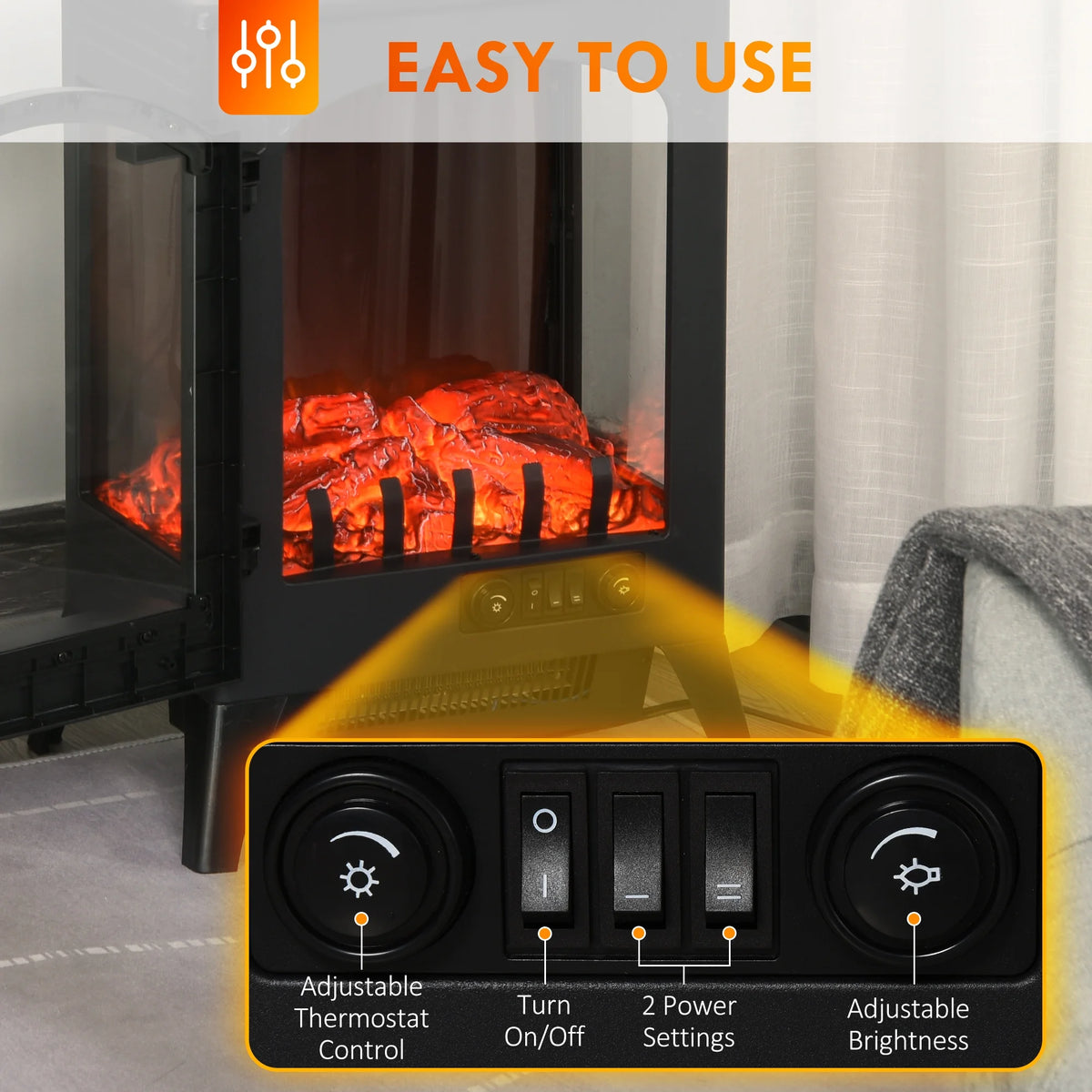 23" Electric Fireplace Heater with LED Flames and Logs, 750W/1500W, Black C6867