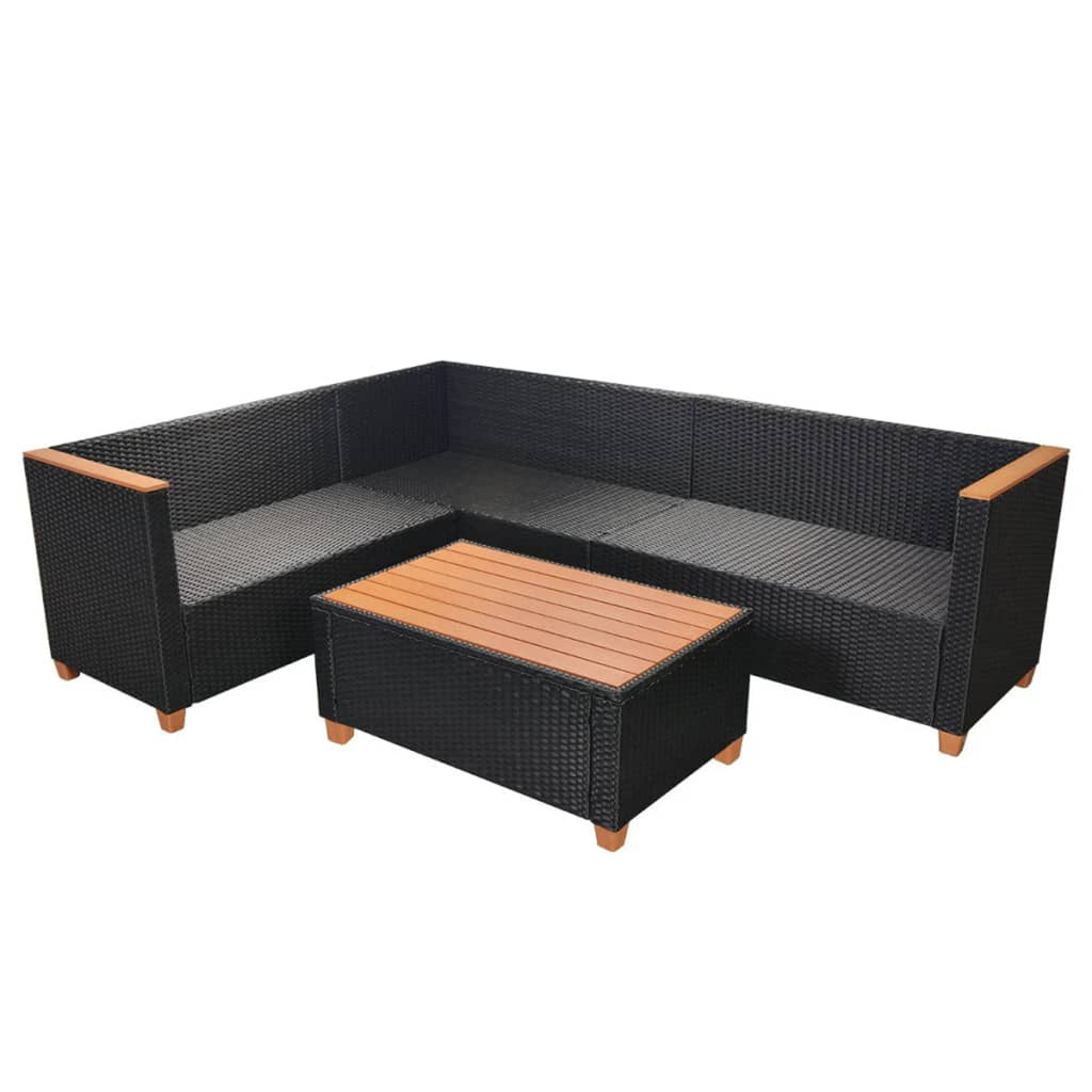 4 Piece Patio Lounge Set with White Cushions Black Poly Rattan 2-Seater Sofas with Corner Sofa and Coffee Table V133689