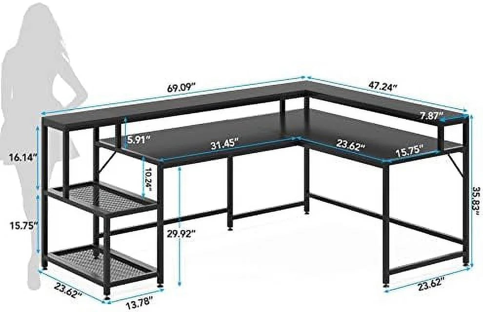 69 Inch L Shaped Desk with Monitor Stand Black U560149