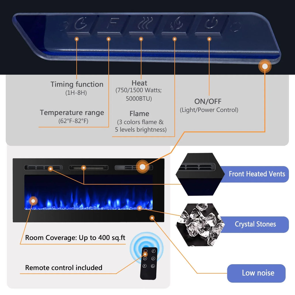 36" Electric Fireplace Insert Stove Heater with Remote Control O6949