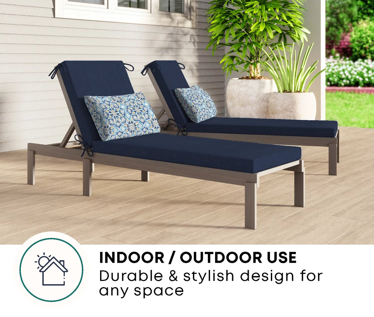 Solid Blue Polyester Outdoor Chaise Lounge Cushion I412583