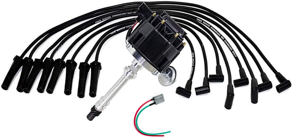 HEI Distributor Black Cap with Spark Plug Wires Set Pigtail Harness Complete Kit W48178