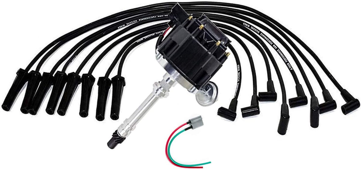 HEI Distributor Black Cap with Spark Plug Wires Set Pigtail Harness Complete Kit W48178