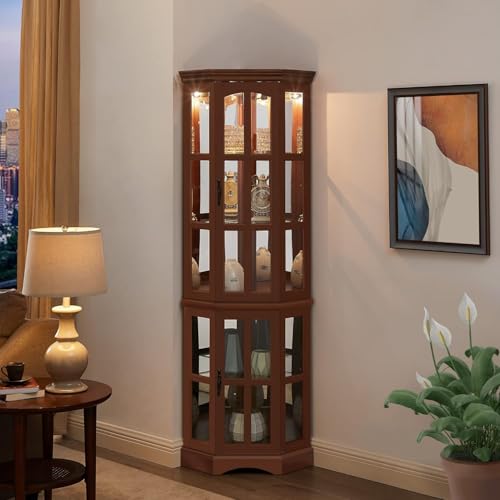 Lighted Corner Curio Cabinet with 4 Adjustable Shelves, Mirrored Back Panel, 4 Tempered Doors, 23.75"×11.75"×70", Cherry A907252