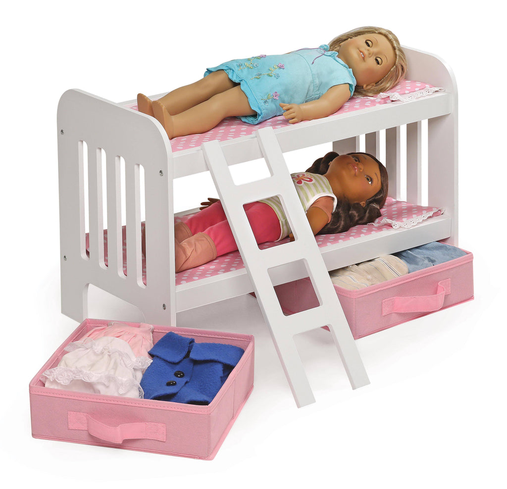 Doll Bunk Bed with Ladder and Two Storage Baskets - Pink W748