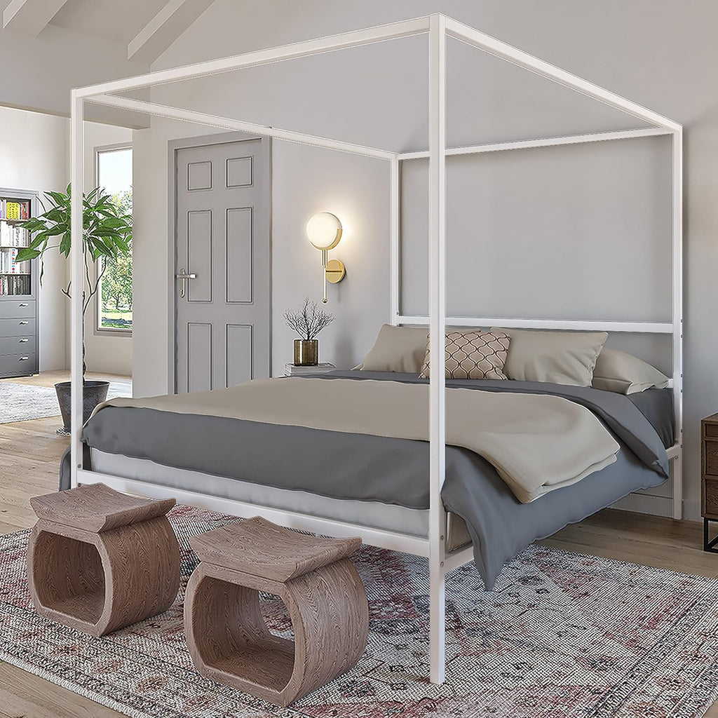 Queen Size Gold Metal Canopy Platform Bed Frame with Wooden Slats Q742