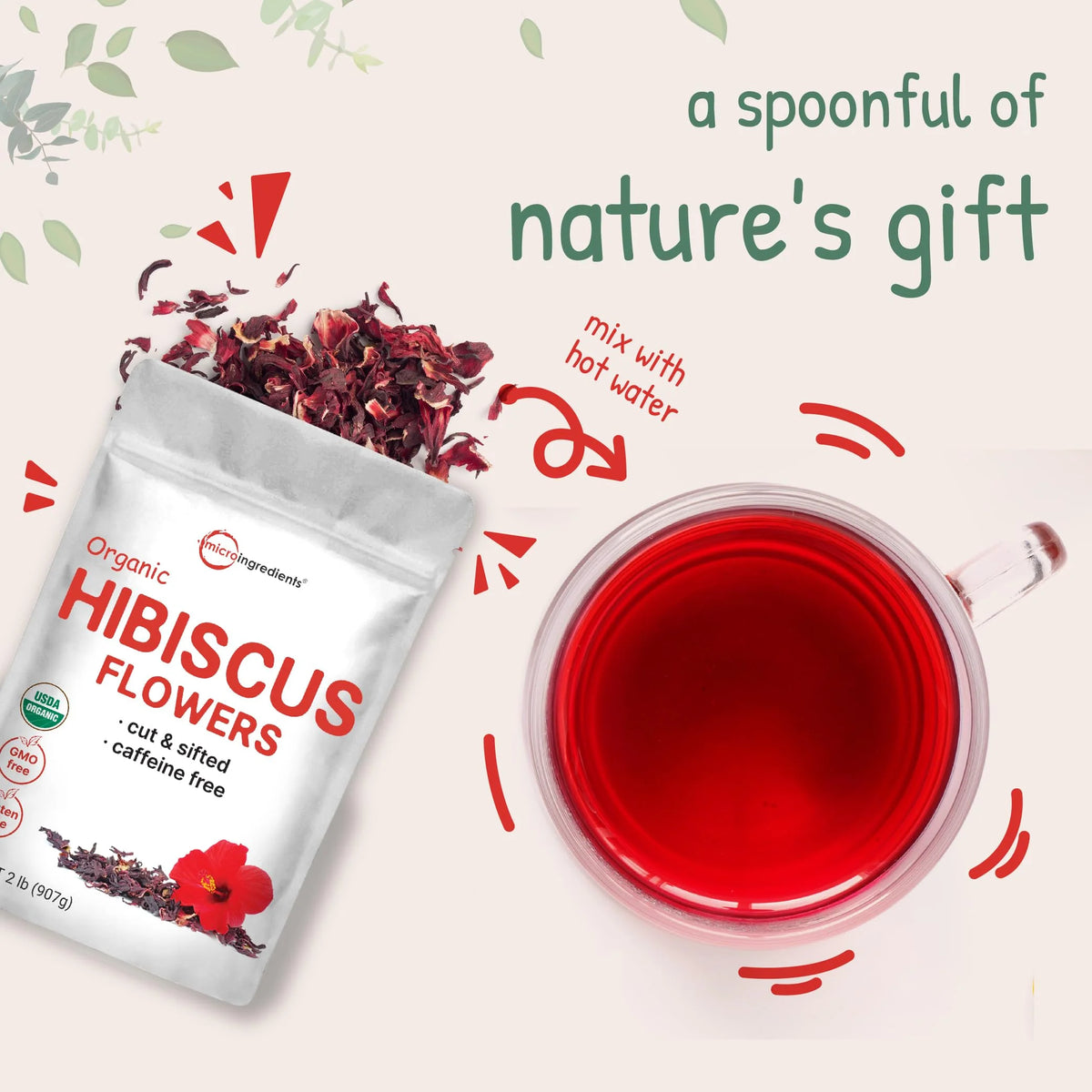 Organic Hibiscus Flowers, 2lbs, Cut & Sifted Dried Leaves S585249