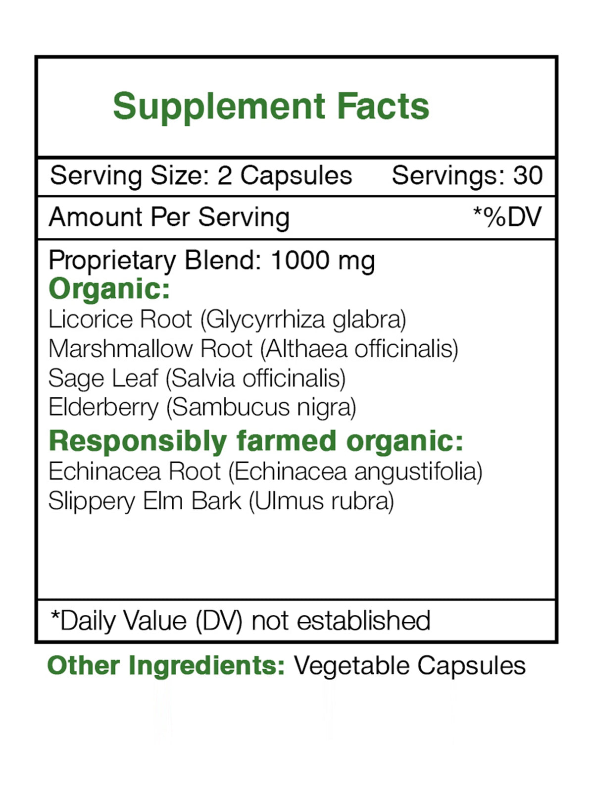 60 Capsules 500 mg Licorice Slippery Elm Marshmallow Sage Echinacea Elder Berry F994911