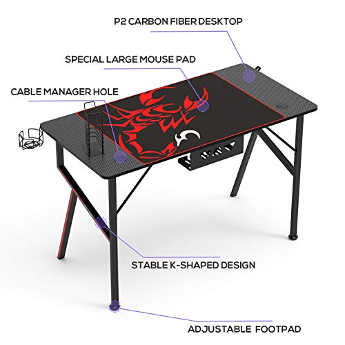 Black 47 Inch Gaming Desk with Mouse Pad Headset Hook Cup Holder Controller Stand R86074