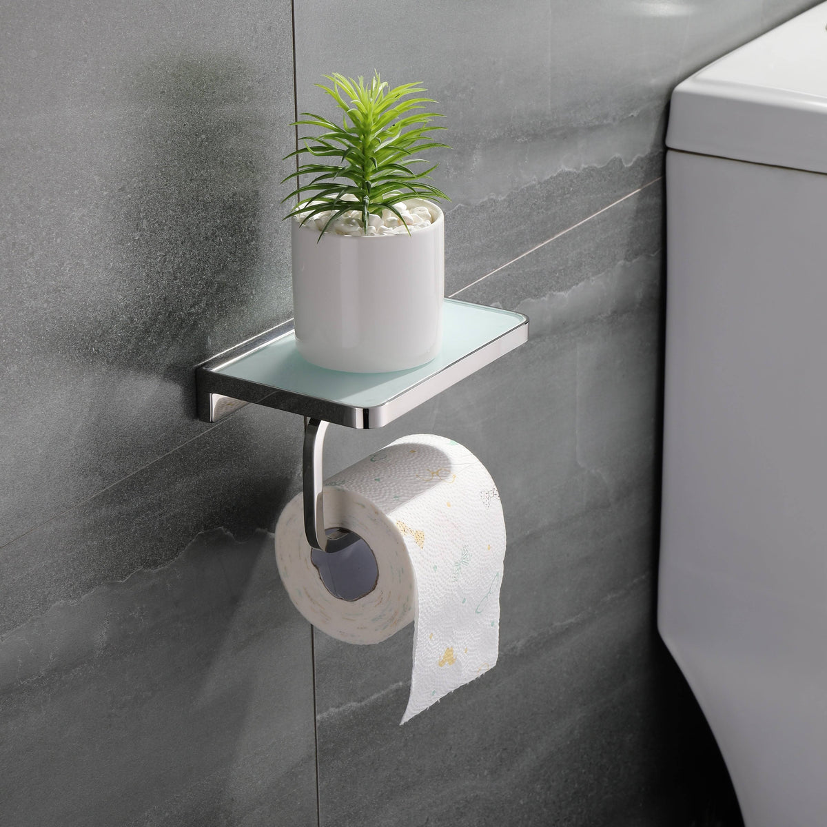 White Glass Shelf with Toilet Paper Holder S8805