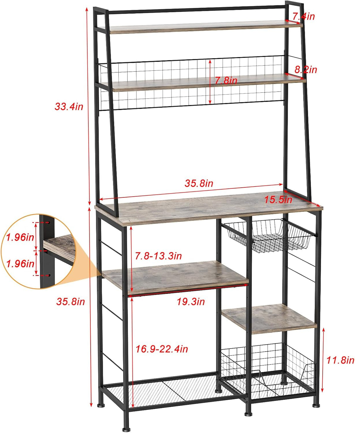 35.8" Large Farmhouse Coffee Station with 12 Hooks and Pull-Out Wire Basket, Coffee Bar Cart Table with Storage Shelves Rustic Brown L64643