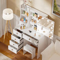 White Vanity Desk with Mirror, Lights, and Drawers with Cushioned Stool R293048