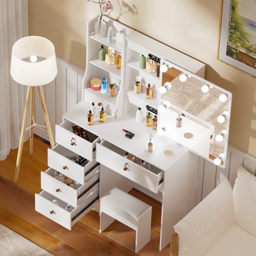 White Vanity Desk with Mirror, Lights, and Drawers with Cushioned Stool R293048