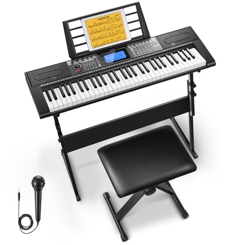 Black 61 Key Electric Piano Keyboard Kit with Stand, Stool, Microphone J16914