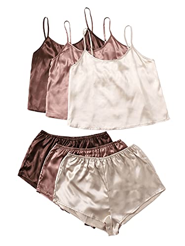 3 Sets Silk Satin Pajama Set Sleeveless V Neck Crop Cami Top and Shorts B9029