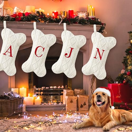 White Large Knit Dog Christmas Stocking with Initials O933124