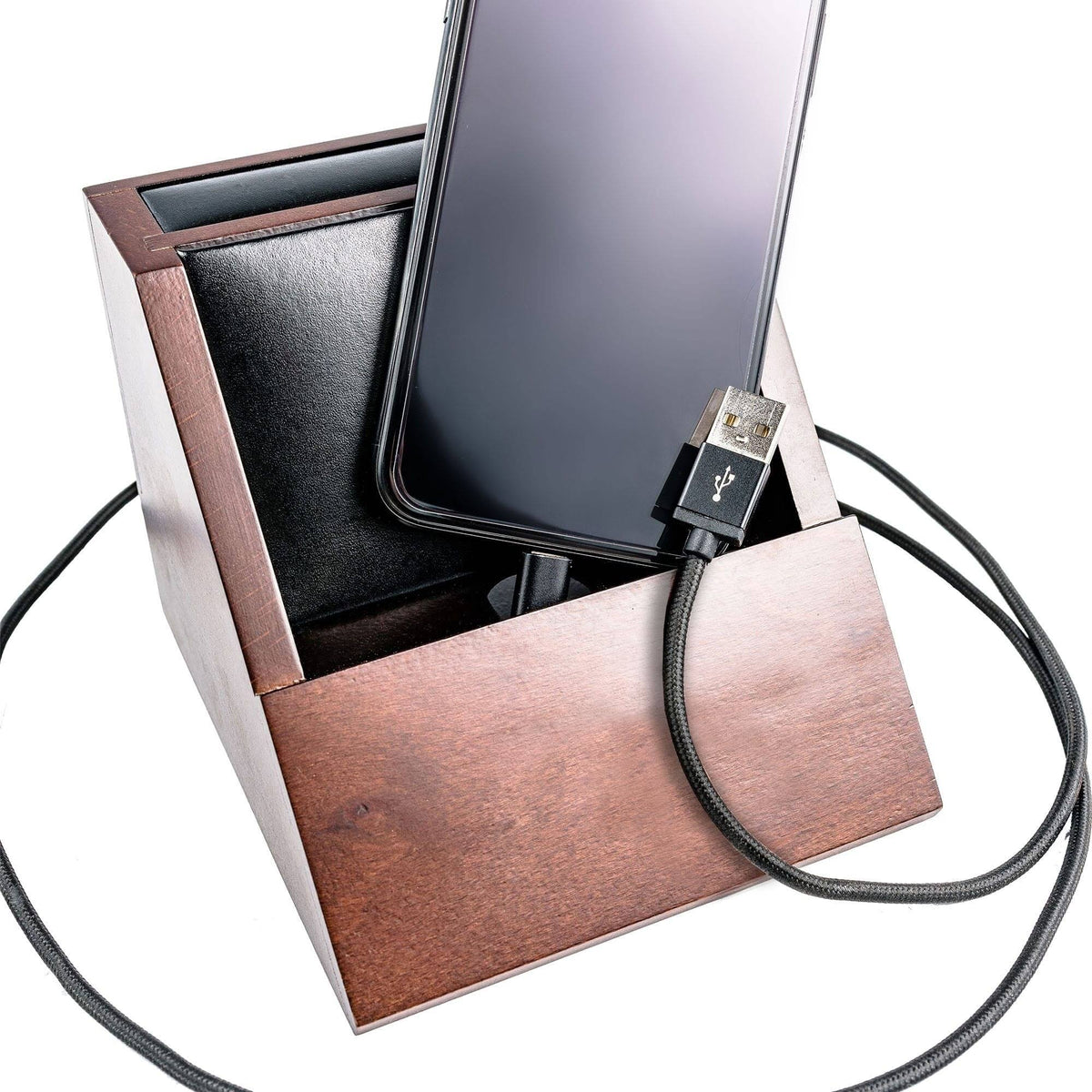 Walnut and Leather Desktop Cell Phone Holder X530409