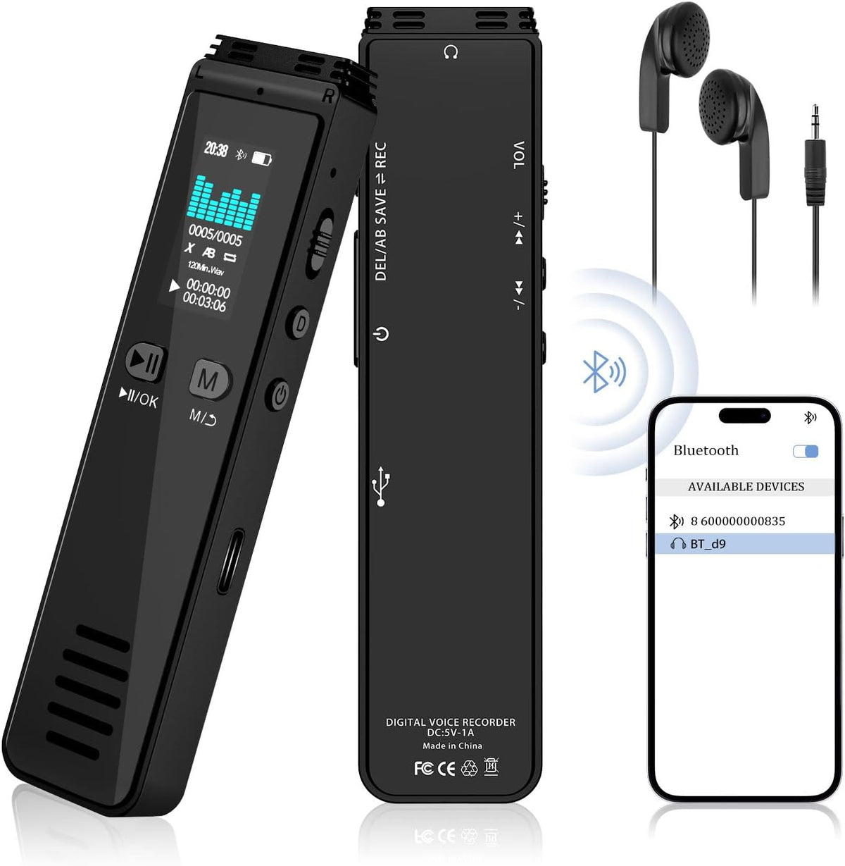 64GB Bluetooth Voice Activated Audio Recorder with MP3 Playback, Type-C Charge G8691