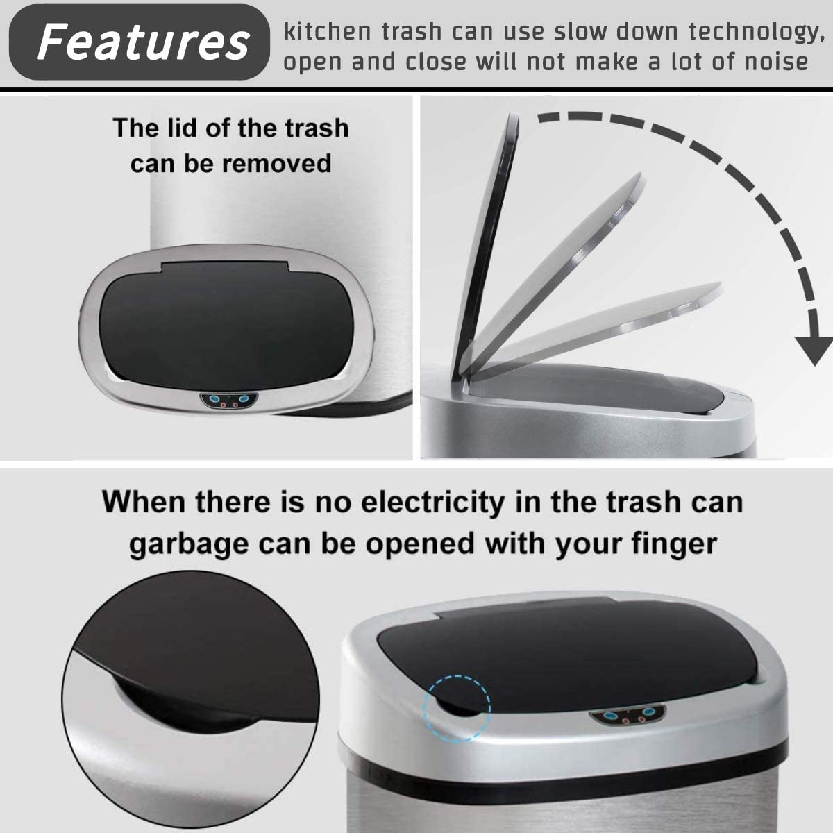 13 Gallon Stainless Steel Motion Sensor Trash Can with Lid O865