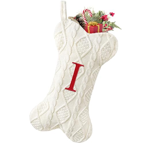 White Large Knit Dog Christmas Stocking with Initials O933124