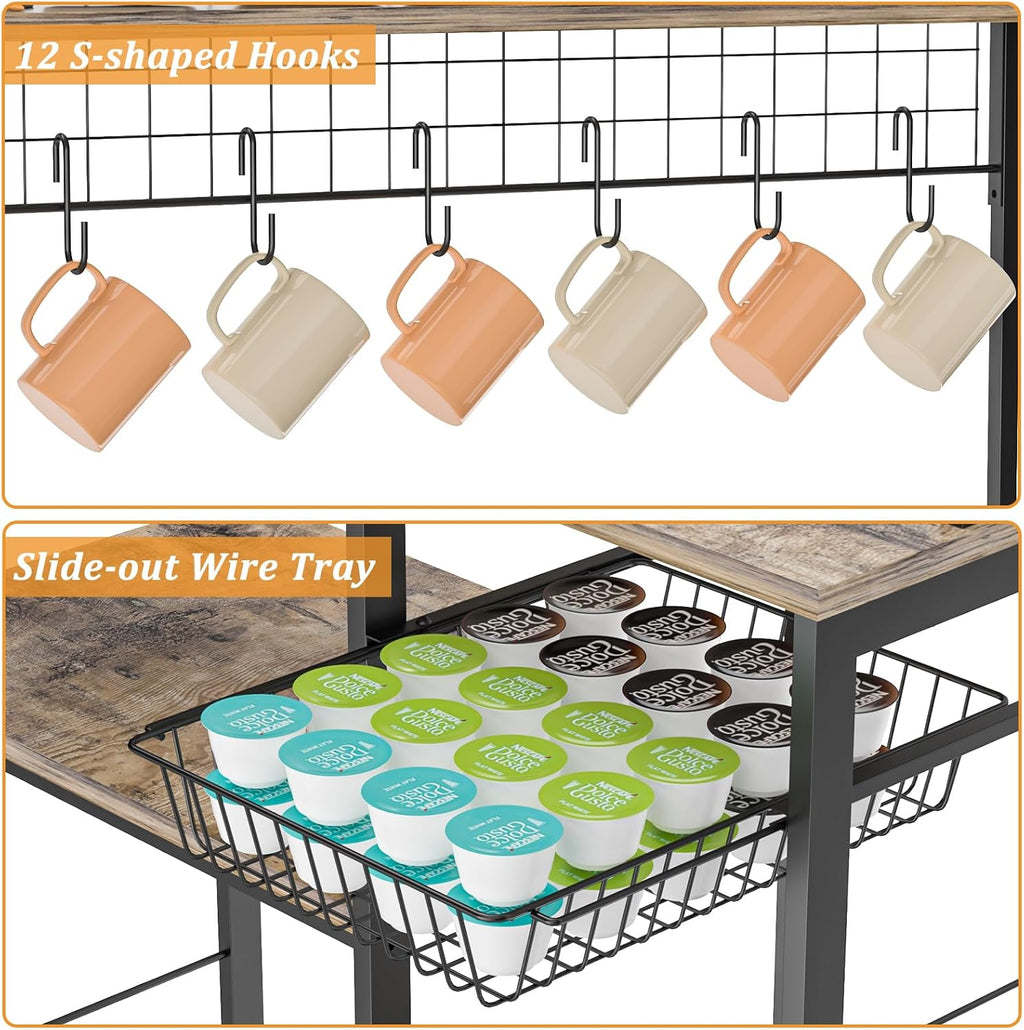 35.8" Large Farmhouse Coffee Station with 12 Hooks and Pull-Out Wire Basket, Coffee Bar Cart Table with Storage Shelves Rustic Brown L64643