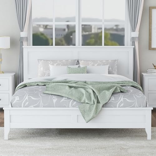 White Queen Wood Platform Bed Frame with Headboard P953