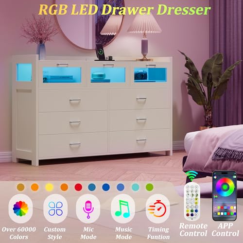 Black 9 Drawer Wood Dresser with LED Lights and Charging Station Y6922