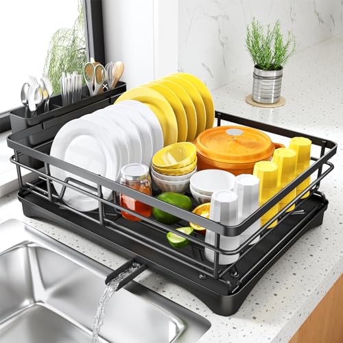 White Large Dish Rack with Drainboard and Utensil Holder B390561